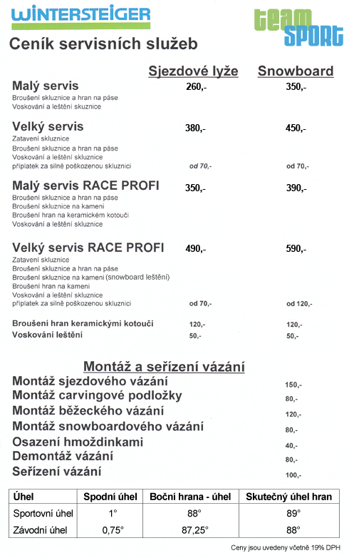 Ceník servisních služeb TEAM SPORT